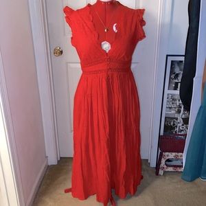 Free People Red Eyelet Sleeveless Button Front Dress